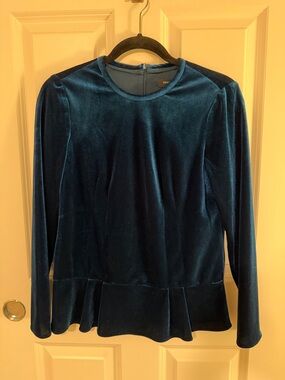 NWT Bruuns Bazaar Velvet Peplum Long-Sleeve Top - Deep Teal